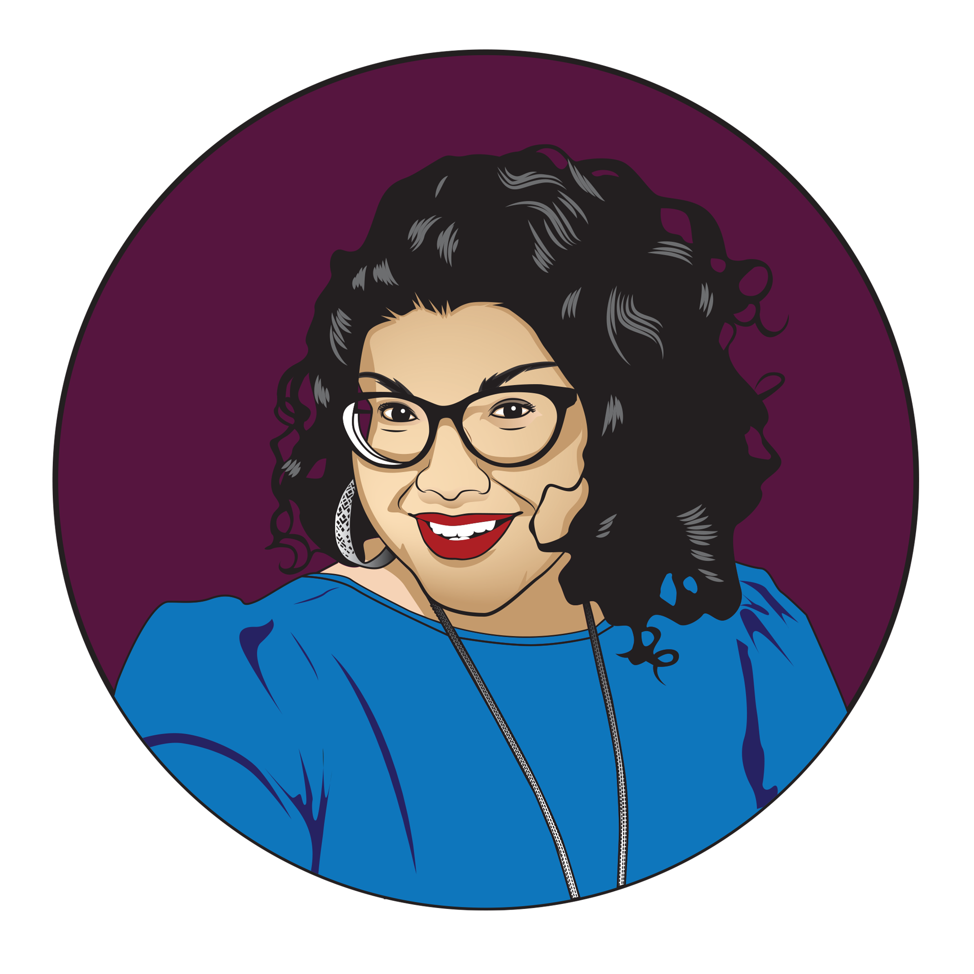 An illustrated image of Amy. She is wearing a blue dress, gold necklace, black rimmed glasses and silver hoops. She has black hair and is wearing red lipstick. Her image is on a burgundy background.