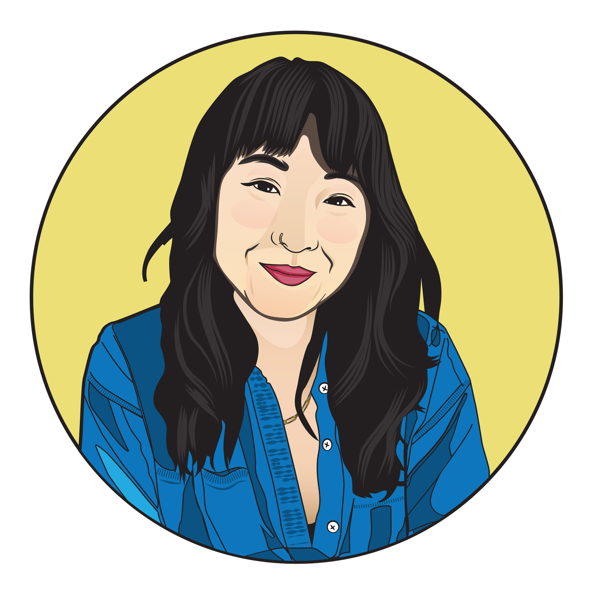 An illustrated image of Chibo, an Asian woman, wearing a denim shirt and gold necklace. She has black hair and is wearing a deep pink lipstick.