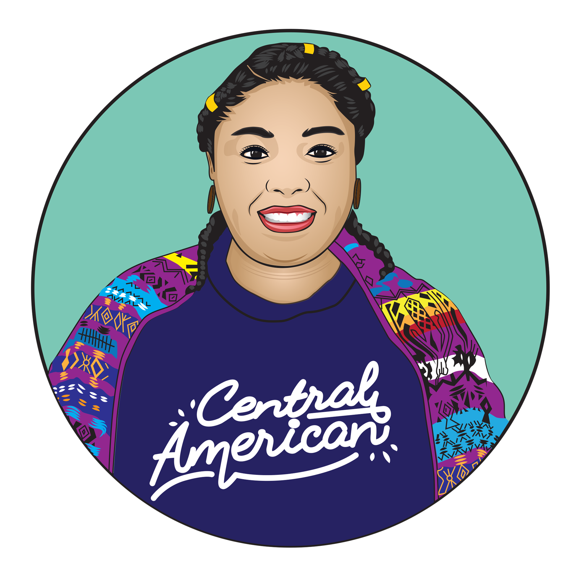 An illustrated image of Cynthia a lighter skinned woman with her hair in two braids around the crown of her head. She's wearing a jacket with intricate and colorful designs with a blue shirt that reads "Central American." Her image is on a teal background.