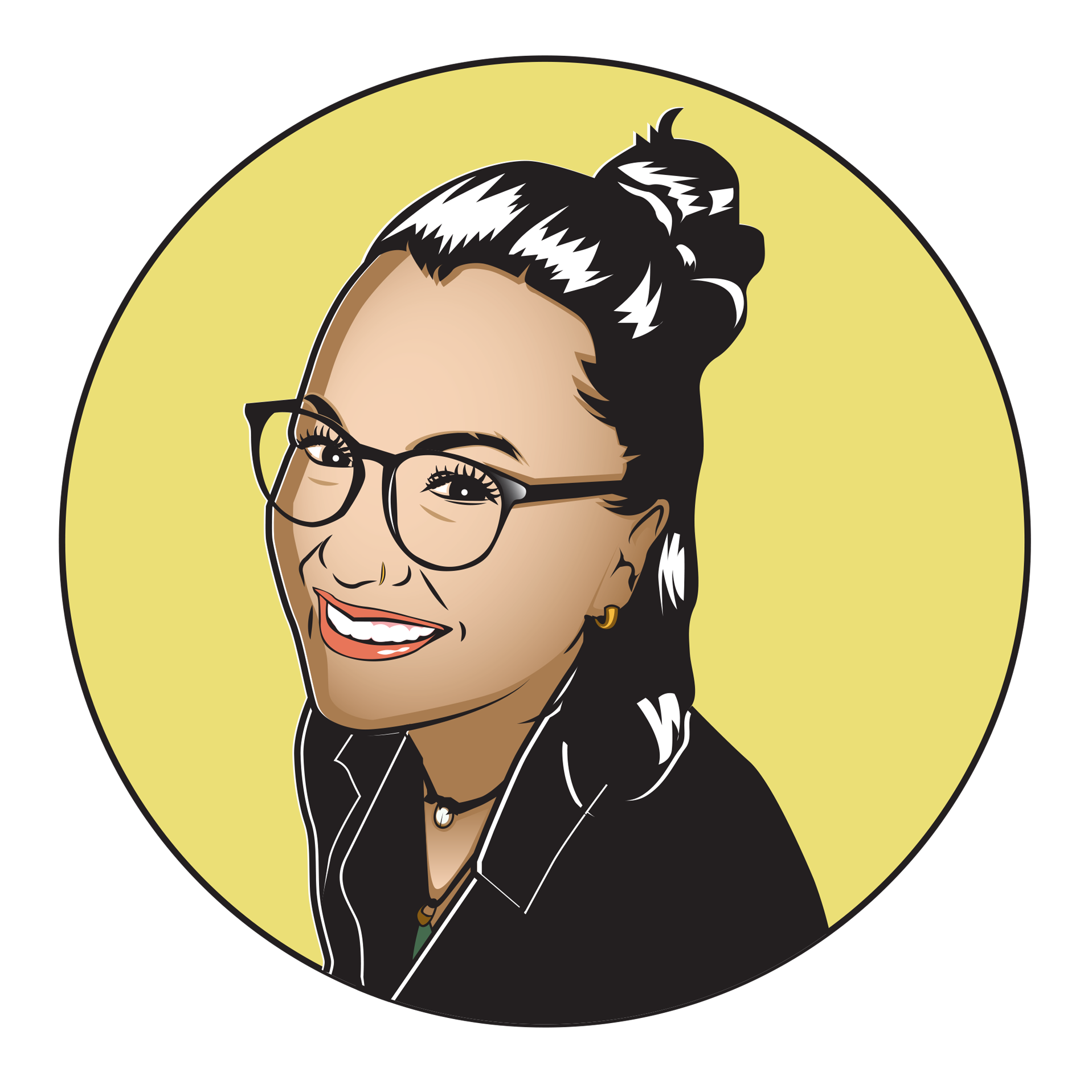Illustrated image of Jo, a Filipino person with black hair. They are wearing black rimmed glasses, a black t-shirt, and a black pearl necklace. Their image is on a yellow background.
