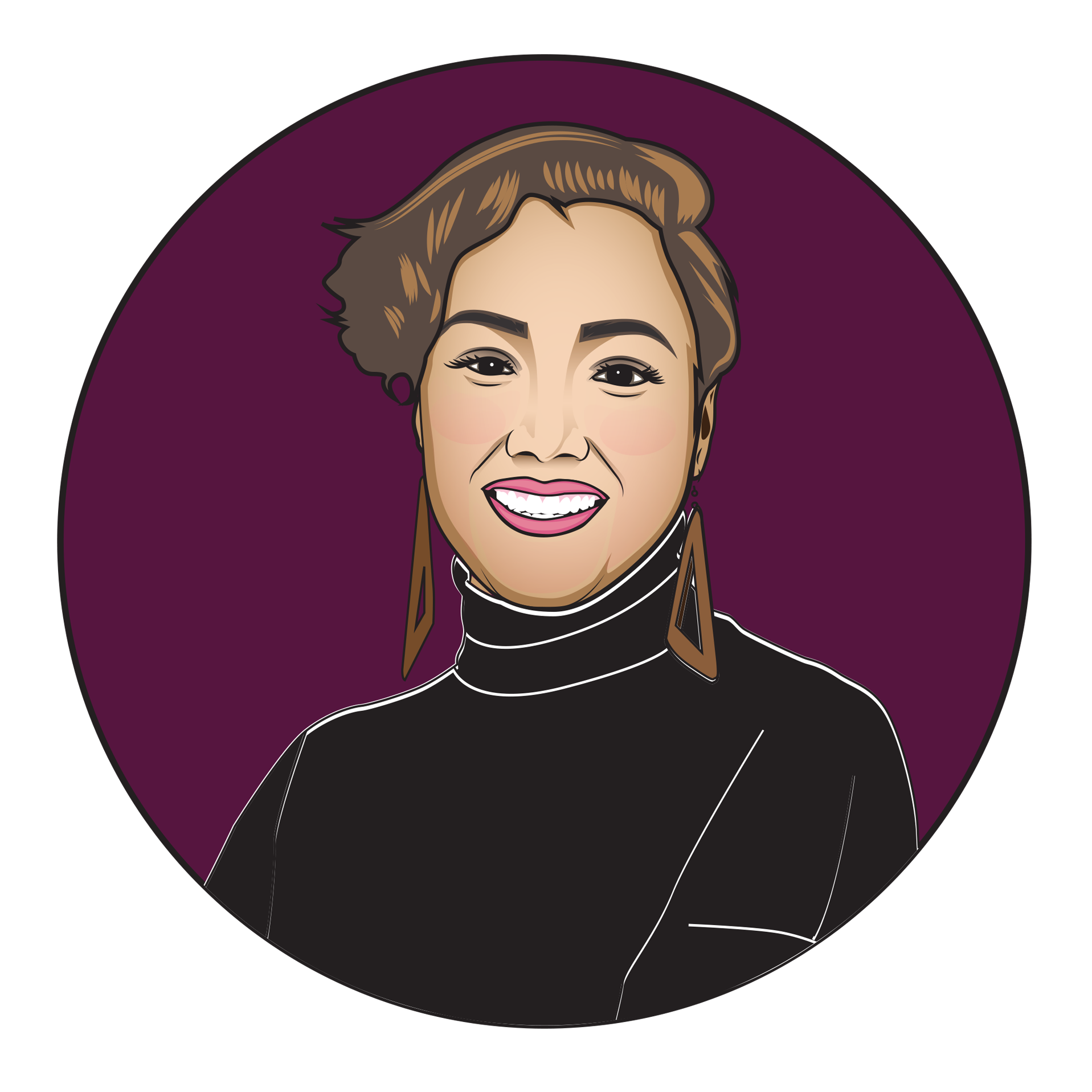 An illustrated image of Jessica, a light skinned Black woman. She is wearing a black turtleneck and brown triangle earrings. She has a brown short haircut and is wearing pink lipstick. Her image is on a burgundy background.