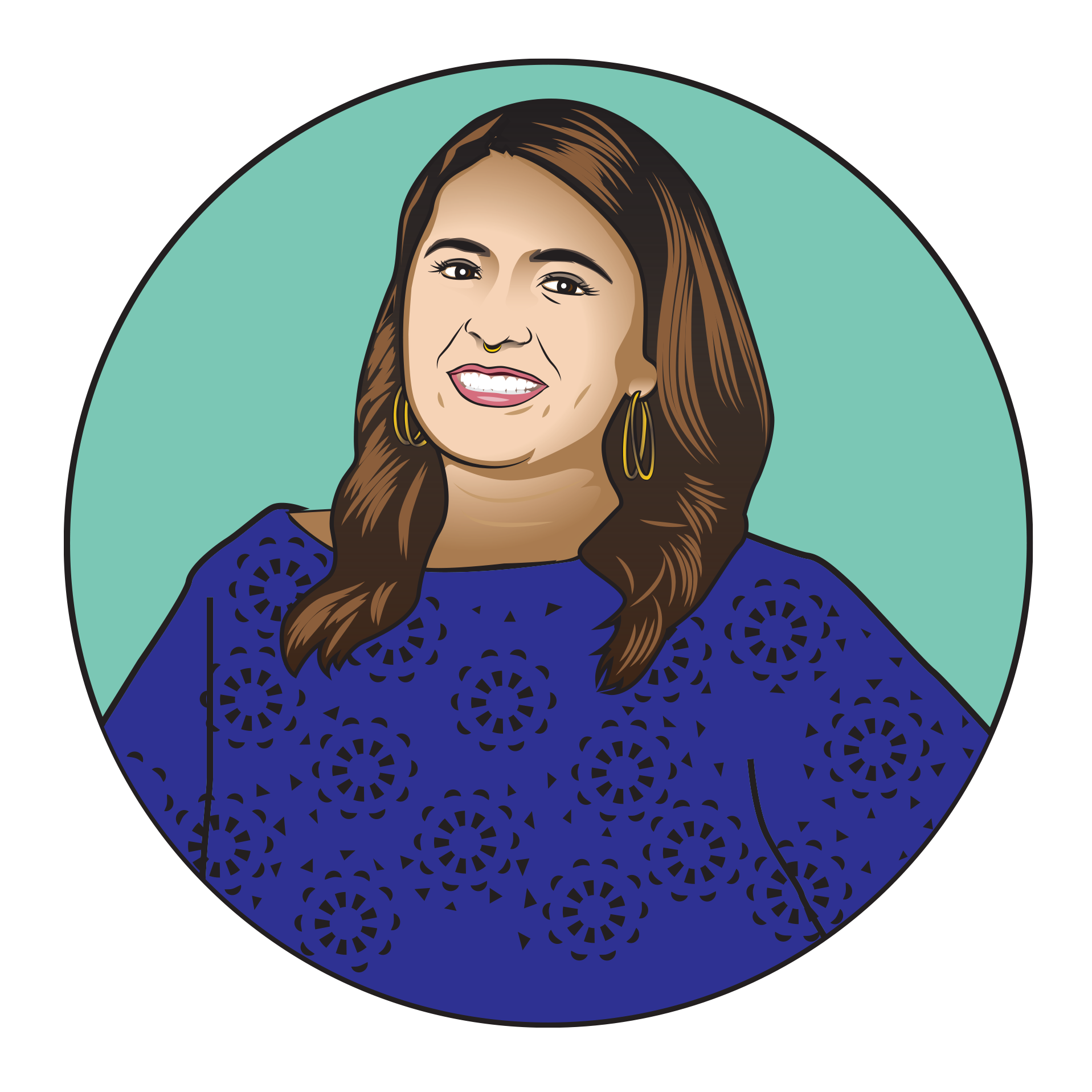 An illustrated image of Jennifer. She is wearing a blue shirt with a circular pattern and have brown hair. Her image is on a teal background.