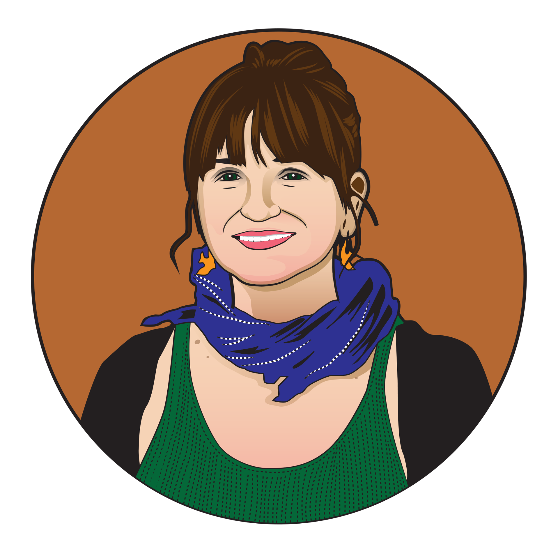 An illustrated image of Keely, a white woman wearing a black sweater, green tank top, and blue scarf. She has brown hair and is wearing pink lipstick. Her image is on an orange background.
