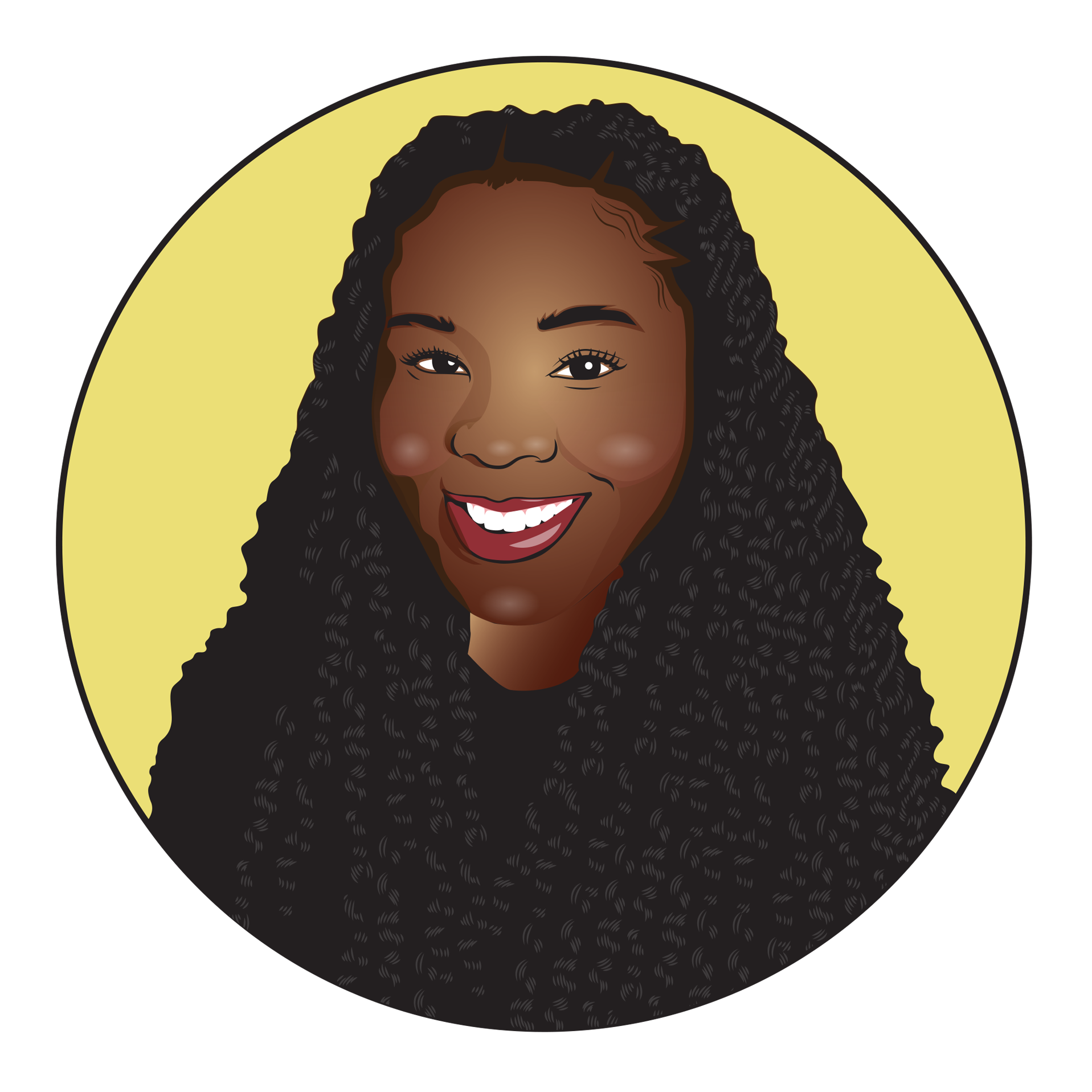 Illustrated image of LaKia, a Black woman with braids wearing a black t-shirt. Her image is set on a yellow background.