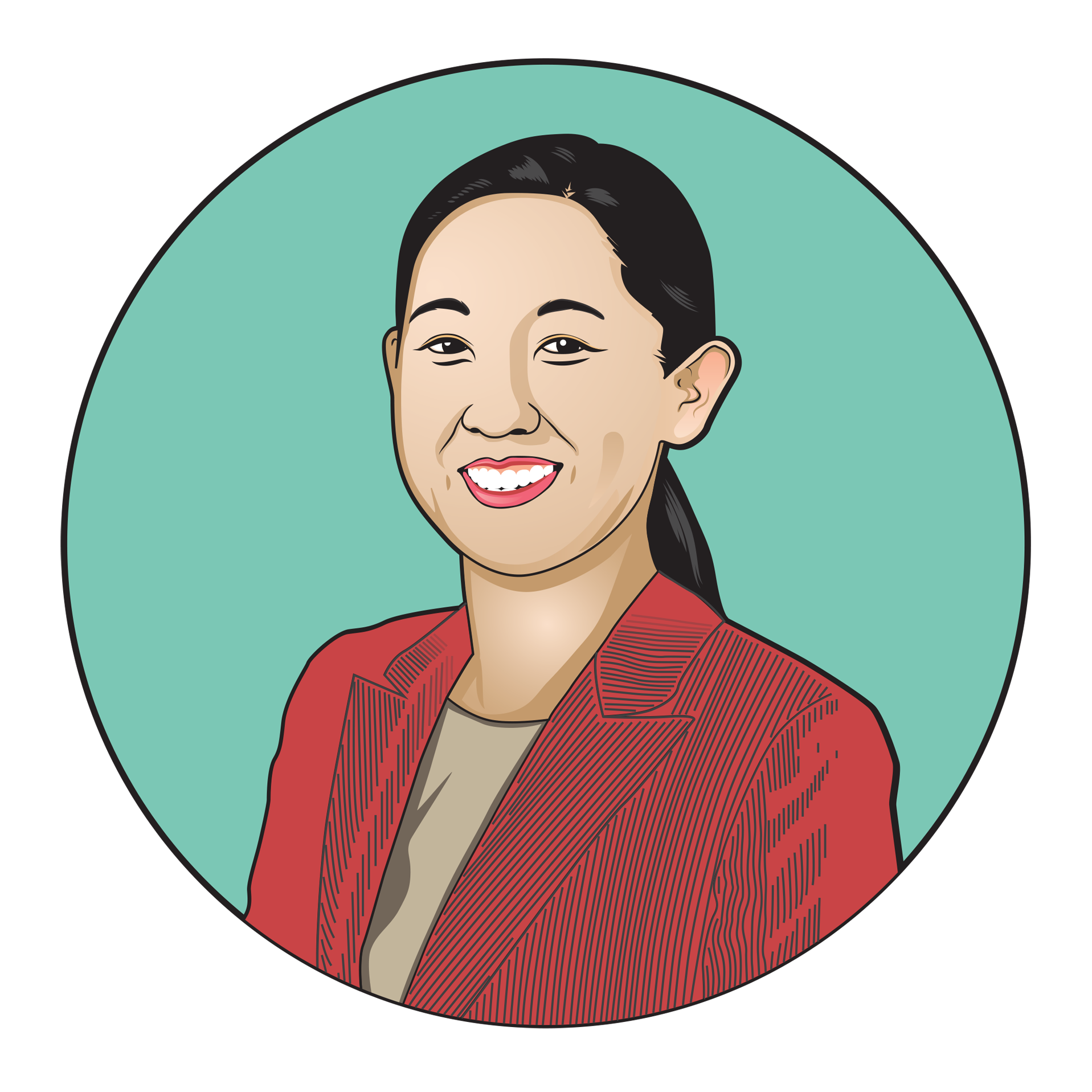 Illustrated image of Lisa, an Asian woman wearing a red blazer with a beige shirt underneath. Her image is on a teal background.