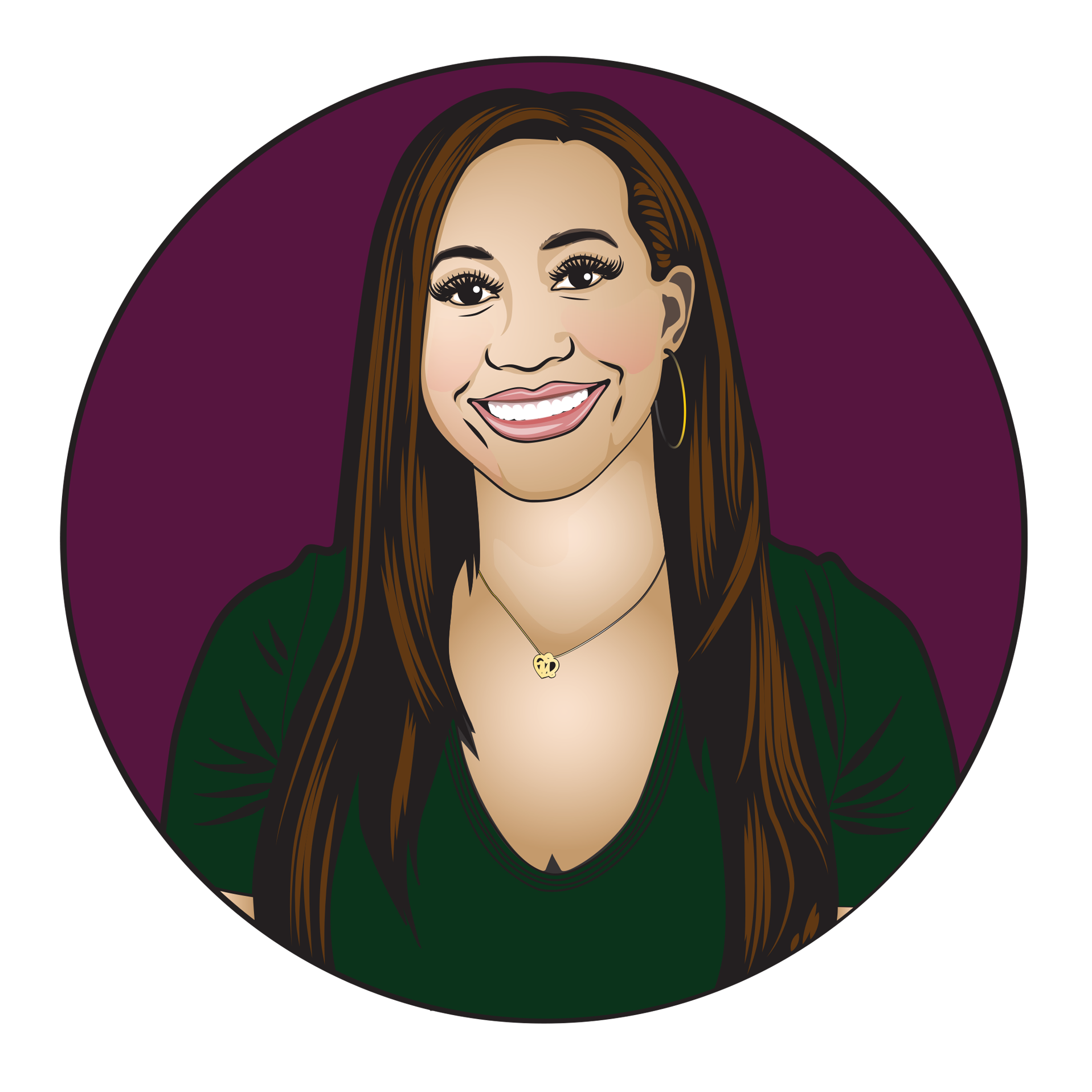 Illustrated image of Melissa, a light skinned Black woman with long brown hair. She is wearing a green top and pink lipstick. Her image is set against a burgundy background.