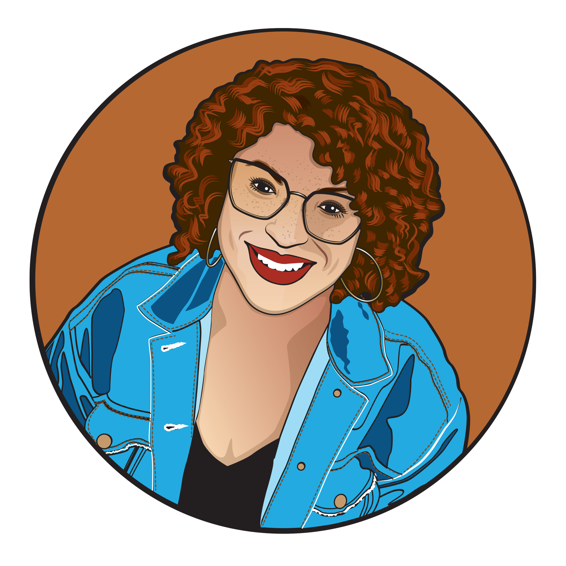 Illustrated image of Nikki, a lighter skinned woman with red hair and freckles. She is wearing black rimmed glasses, a jean jacket, a black t-shirt, and silver hoop earrings. Her image is on an orange background.
