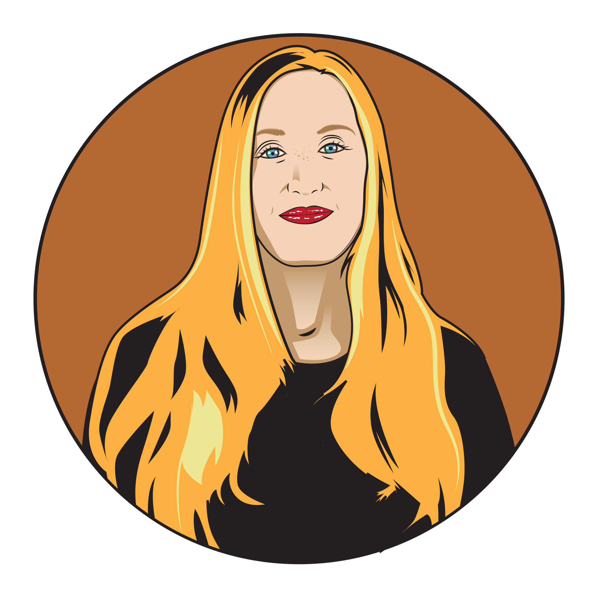An illustrated image of Sasha, a white woman with golden blonde hair and blue eyes. She is wearing a black long sleeve shirt. Her image is on an orange background.