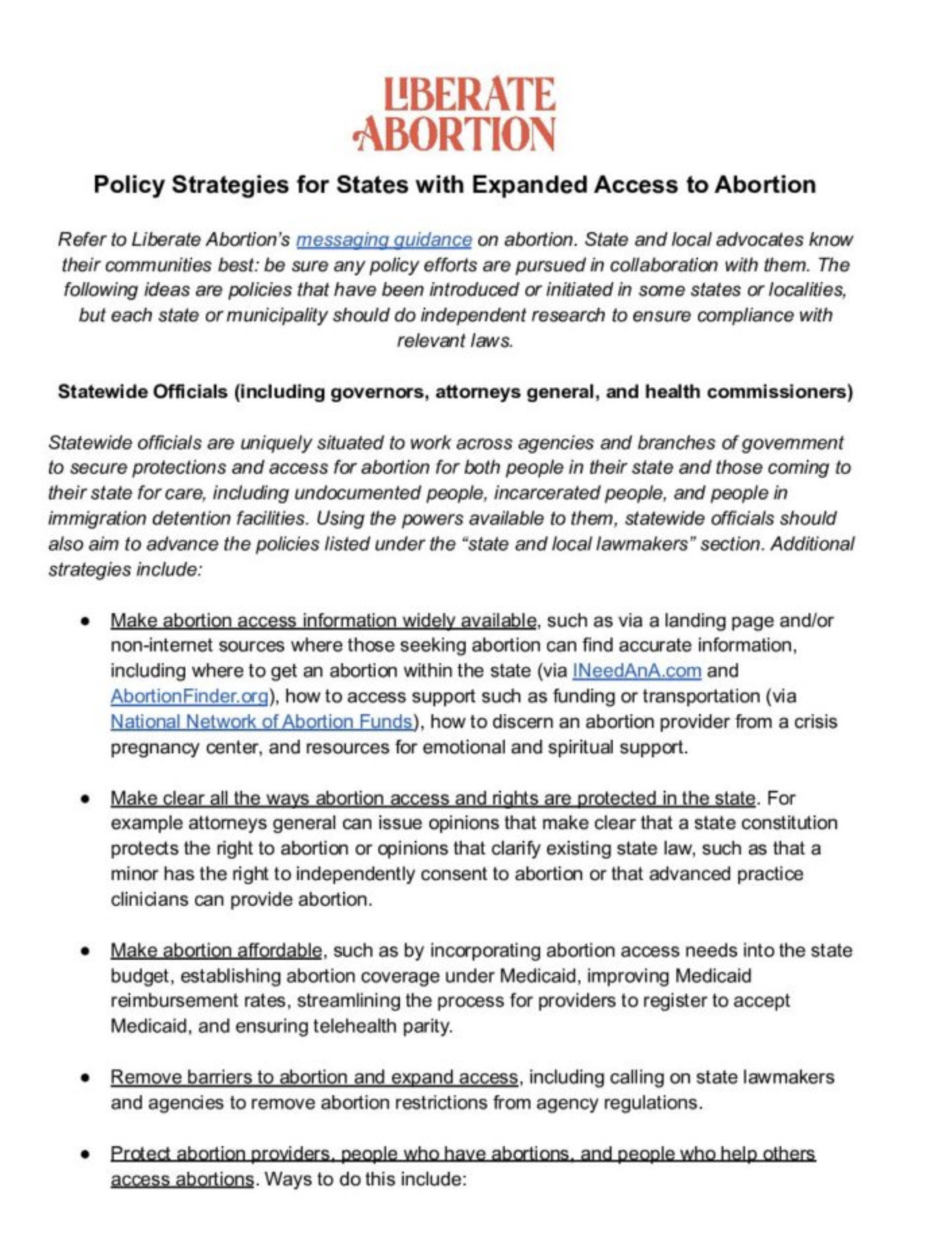 Screenshot of Liberate Abortion's Policy Strategies for States with Expanded Access to Abortion