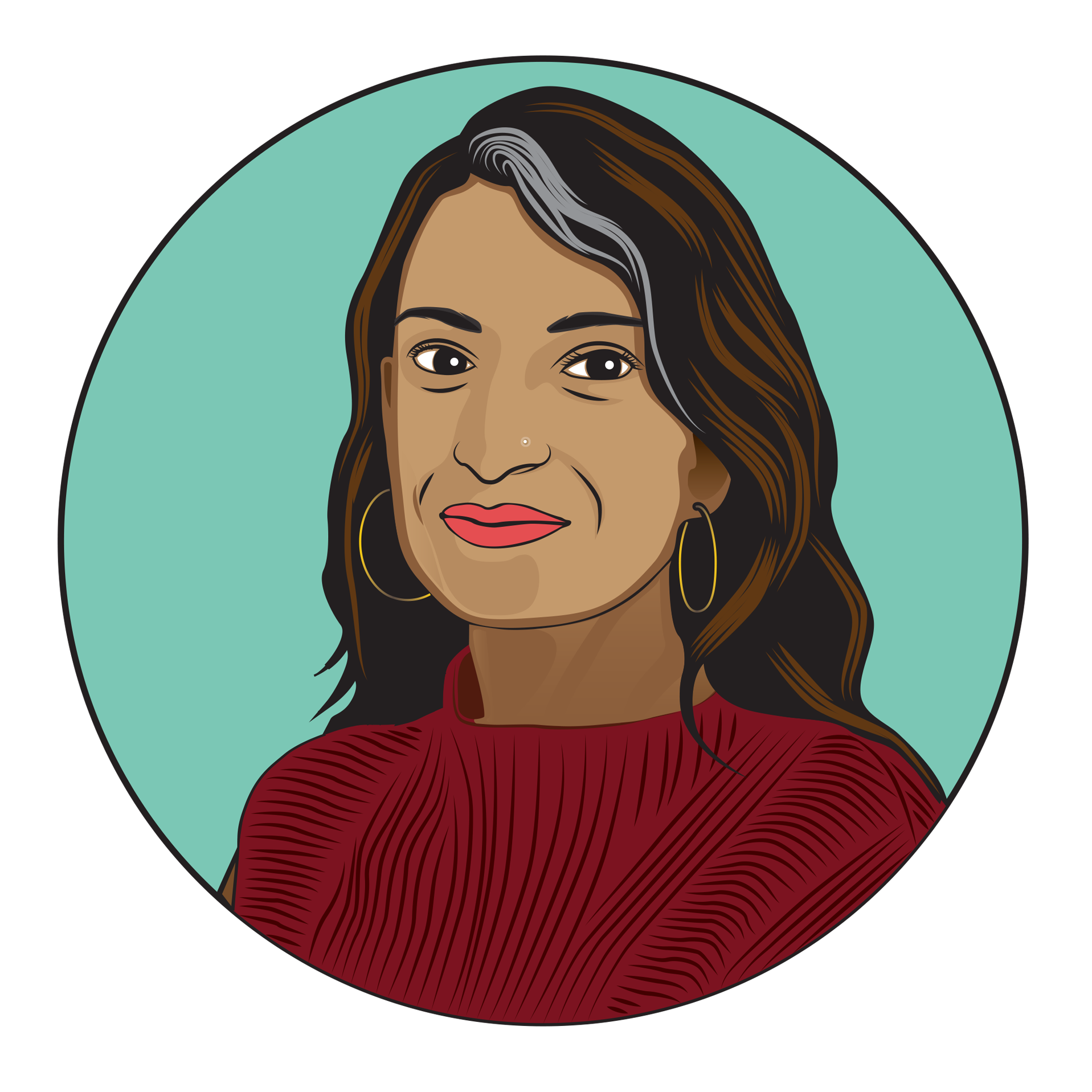 Illustrated image of Sheila wearing red lipstick, a burgundy shirt, and gold earrings. Sheila has a gray streak in the front of her brown hair. Her image has a teal background.