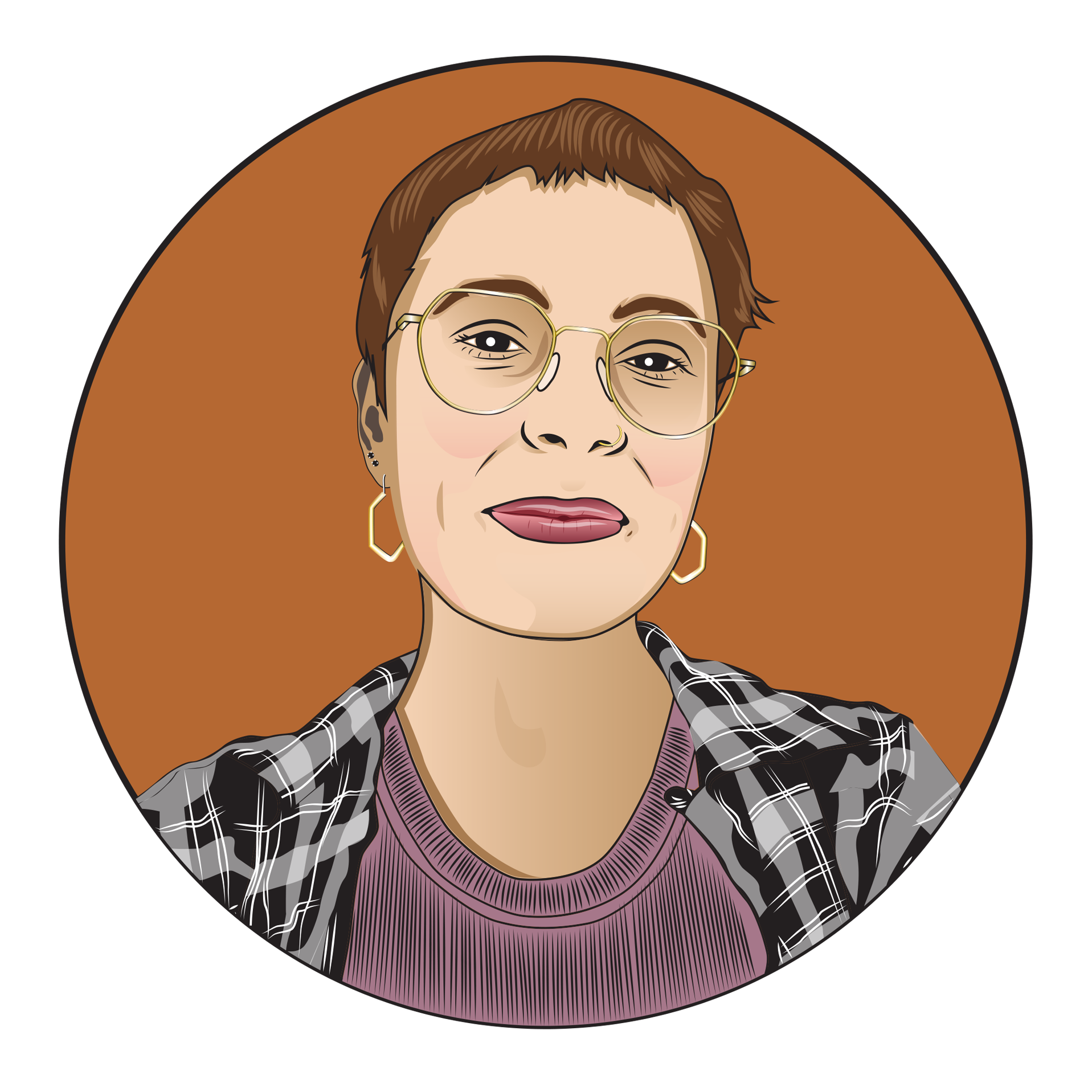 Illustrated image of Sonja wearing gold rimmed glasses, hoop earrings, and pink lipstick. She is also wearing a black and white checkered shirt with a purple shirt underneath it. Her image is on an orange background.