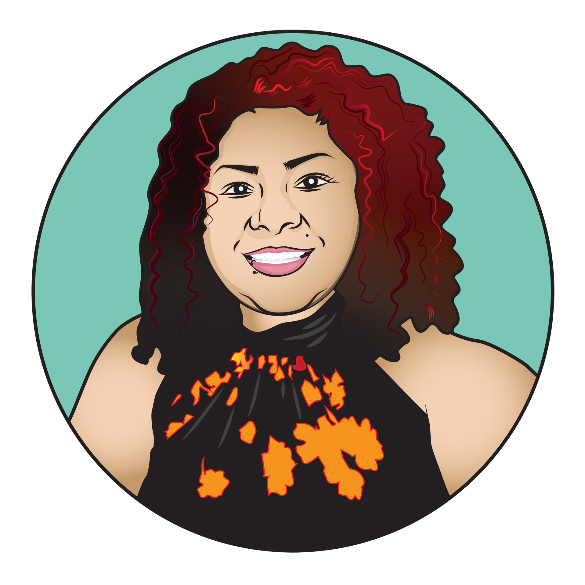 An illustrated image of Xochitl, a lighter brown skinned person with black and red hair. She is wearing a black tank top with orange flowers. Her image is on a teal background.