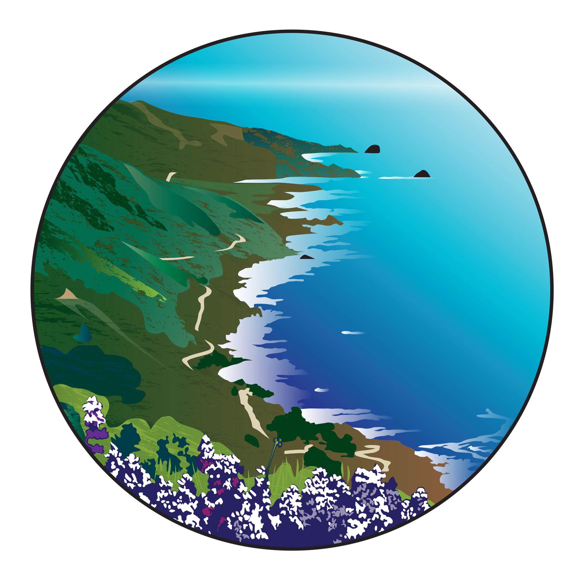 An illustrated image of a California Pacific Ocean coastline with green hills in the background and purple lavender in the forefront of the image.